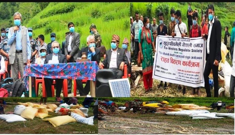 वर्षाका कारण बिस्तापित भएका परिवारलाई सुदुर पश्चिमेली नेपाली समाजद्वारा खाद्यान्न सामग्री वितरण