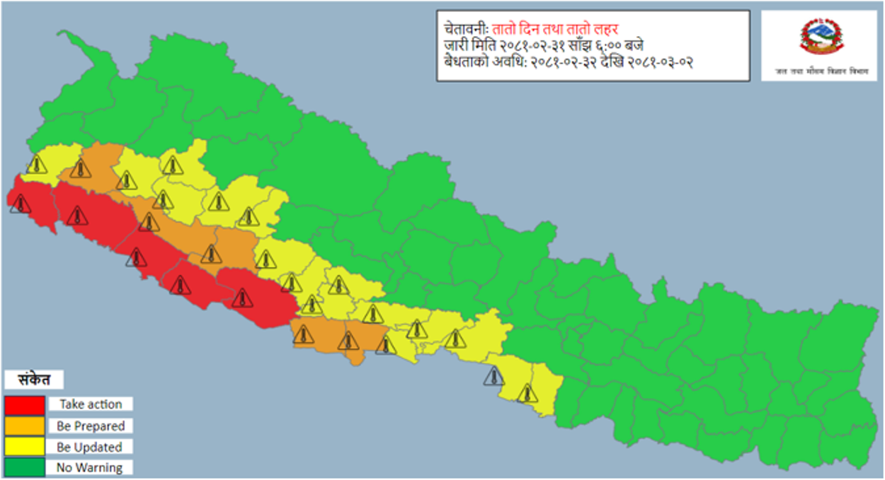 मध्य तथा पश्चिम तराईमा  तीन दिन अत्यधिक गर्मीको चेतावनी, सचेत रहन आग्रह